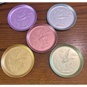 Vintage aluminum Home Dining Coasters One Size Multicolor Duck Embossed set of 5
